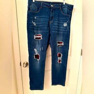 Jeans distressed with red and black design patches front and back pockets 4XL